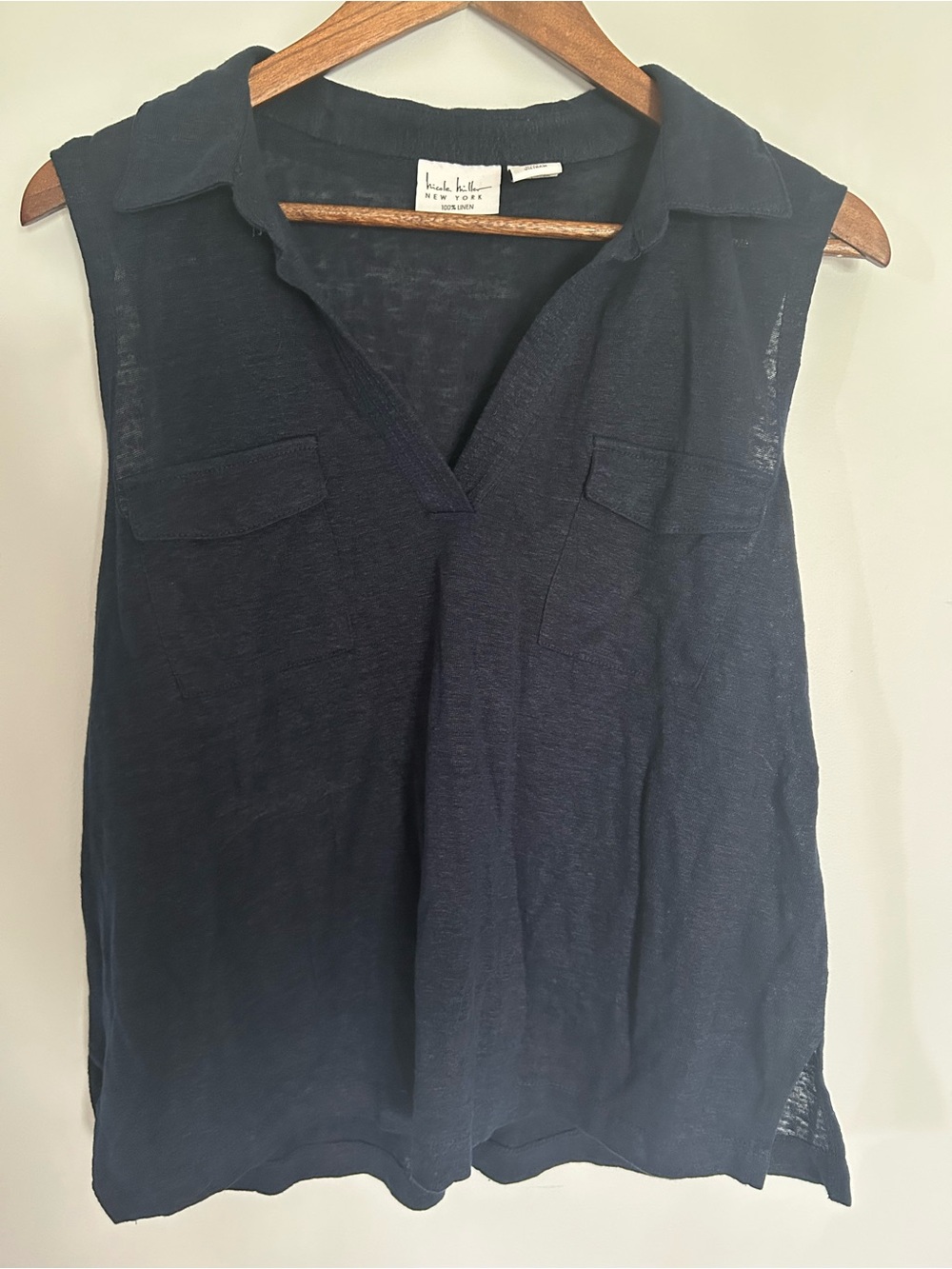 Sleeveless Navy Collared V-Neck Top by Nicole Miller